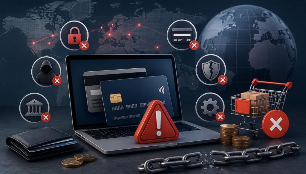 High-risk payment processing warning illustration with online fraud and failed transaction icons