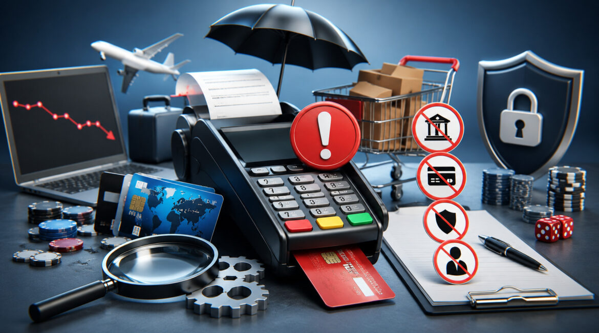 High-risk payment processing illustration with POS terminal and fraud warning icons
