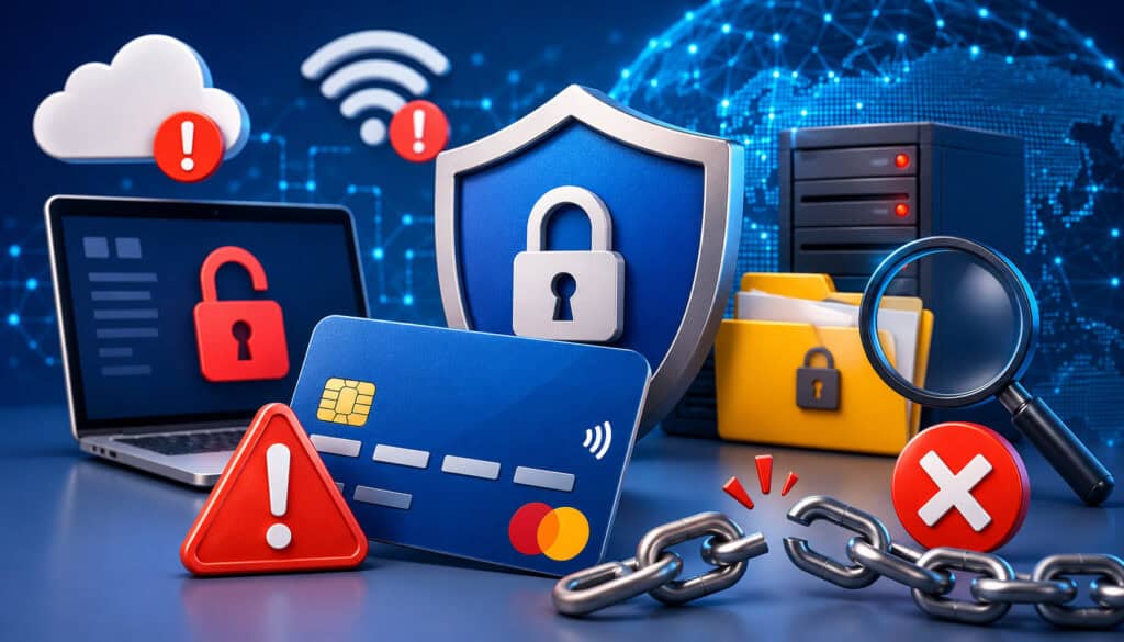 PCI compliance cybersecurity illustration with secure payment and warning icons
