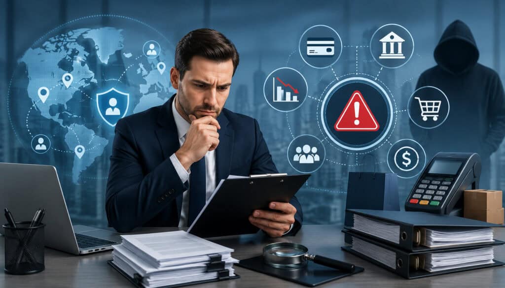 High-risk merchant underwriting review with payment risk and compliance icons