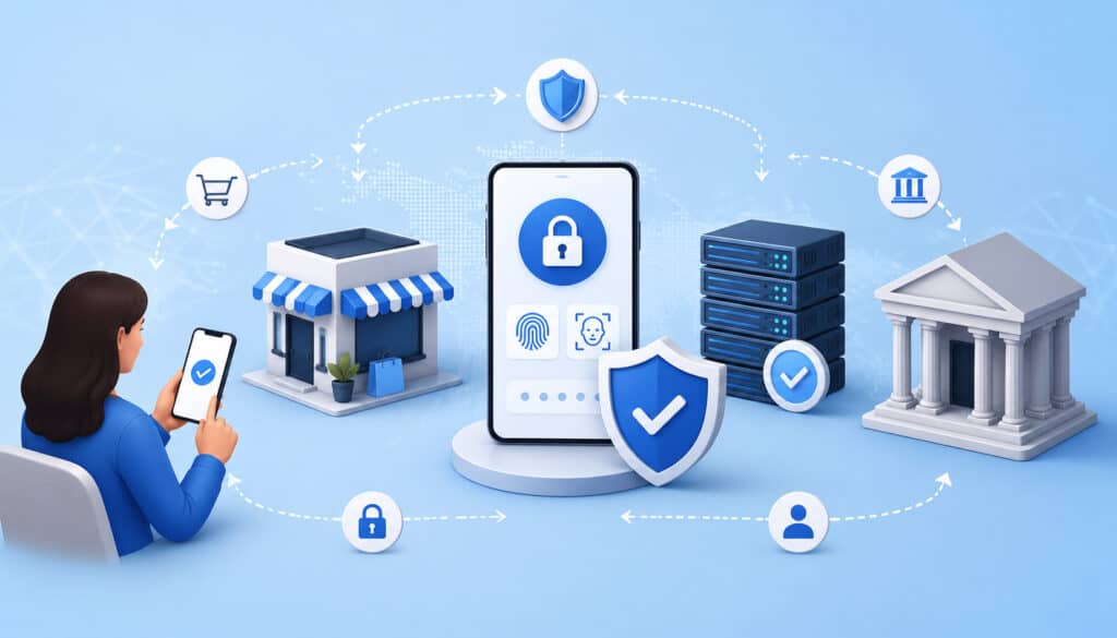 3D Secure 2.0 payment authentication illustration with mobile security and banking icons
