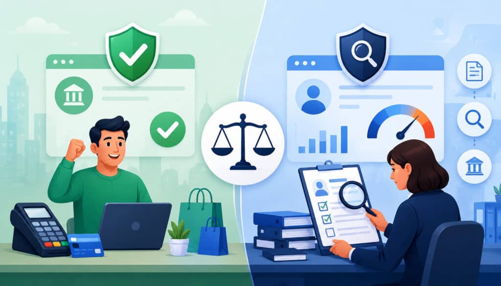 Merchant account approval and underwriting illustration with payment and compliance icons