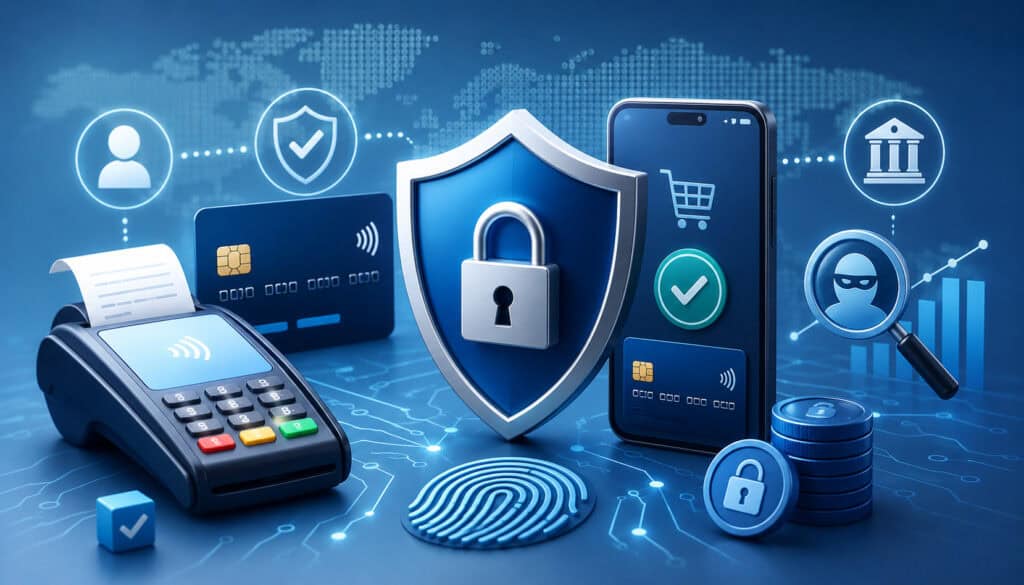 Secure online payment and fraud prevention illustration